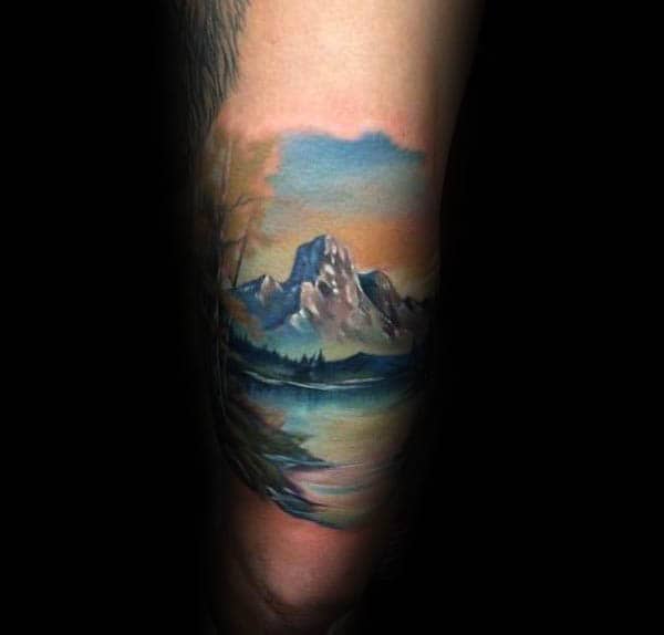 Cool Watercolor Landscape Tattoo On Gentlemans Thigh