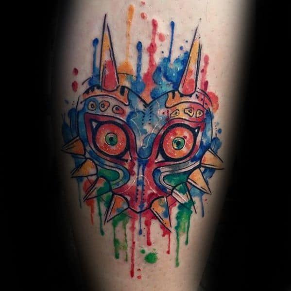 Cool Watercolor Leg Majoras Mask Tattoo Design Ideas For Male