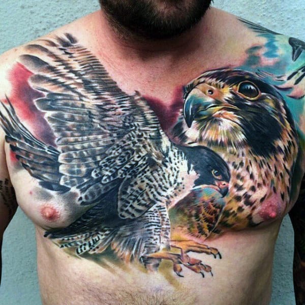 Cool Watercolor Mens Falcon Chest Tattoos