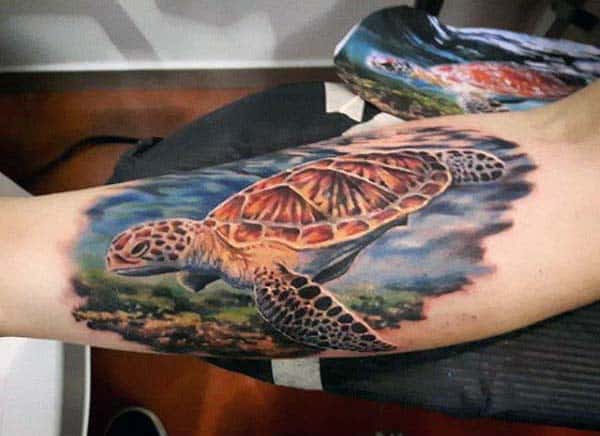 Cool Watercolor Mens Inner Forearm Turtle Tattoo Ideas