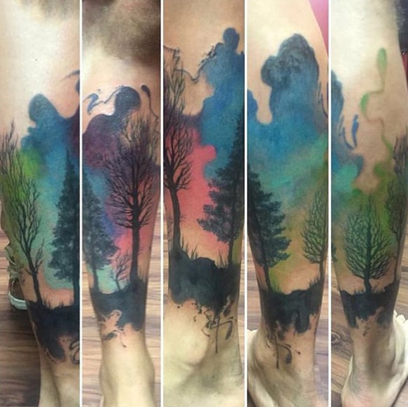 Cool Watercolor Mens Tree Sleeve Leg Tattoo