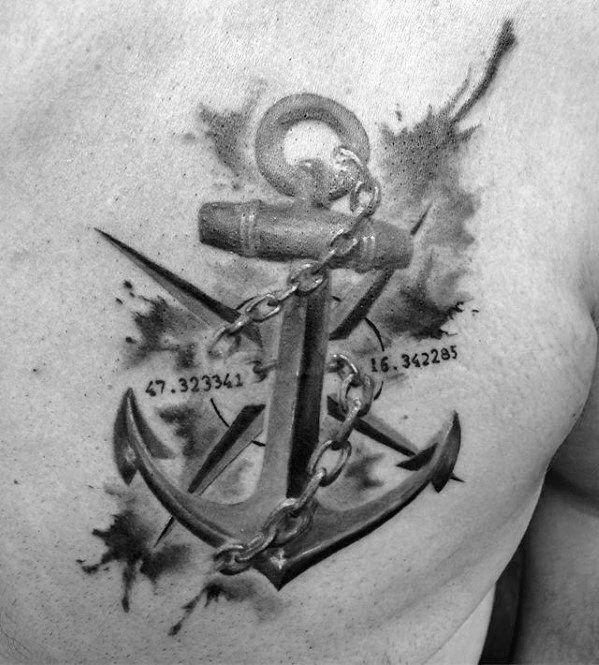 Anchor tattoo with coordinates 47.323341, 16.342205 inked on a person's chest