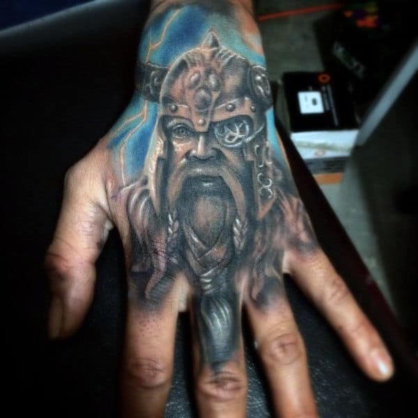 Cool Watercolor Odin Mens Hand Tattoos