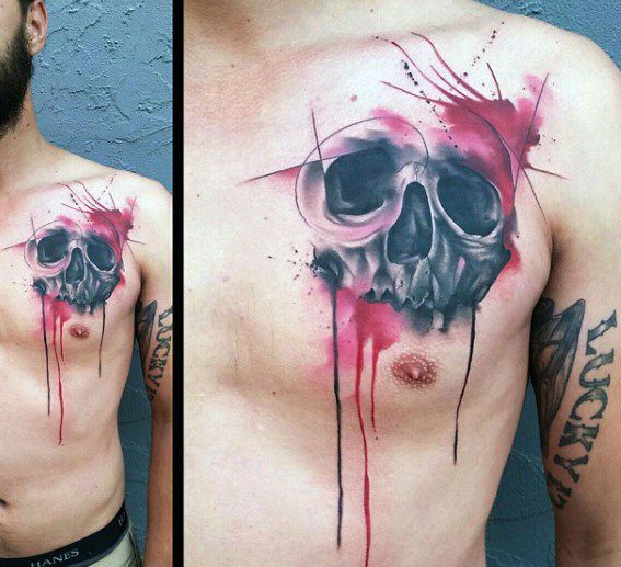 Cool Watercolor Skull Tattoo Design Ideas For Male On Upper Chest