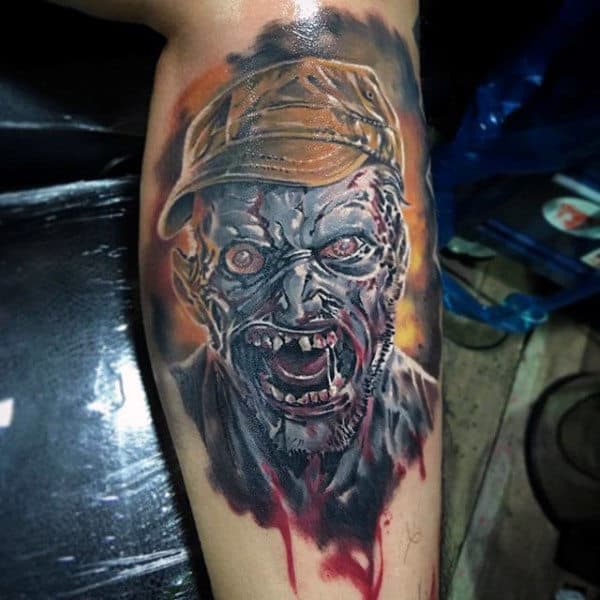 Cool Watercolor Zombie Leg Calf Tattoo For Men