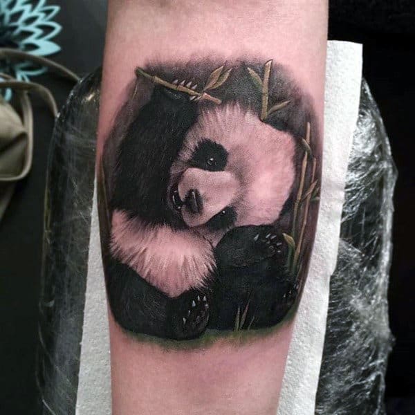 Cool White And Black Ink Inner Forearm Panda Bear Tattoos For Guys