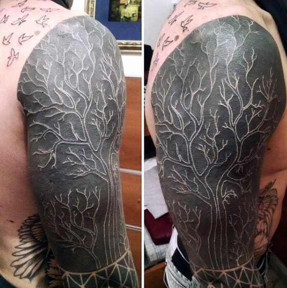 Cool White Ink Over Black Tree Branches Mens Sleeve Tattoo