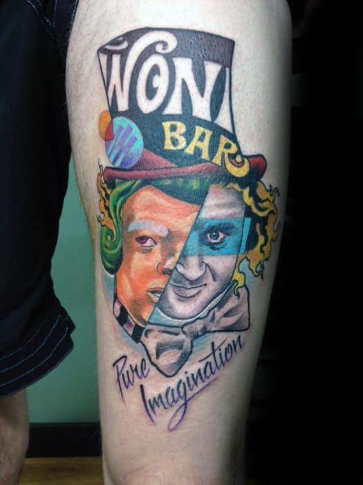 Creative Willy Wonka tattoo split between color and black-and-white, featuring a Wonka Bar hat and the words Pure Imagination.