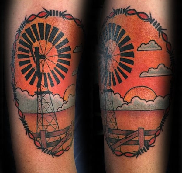 Cool Windmill Barb Wire With Sunset Mens Forearm Tattoo