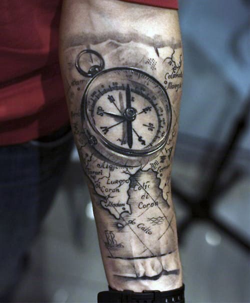 Cool World Map And Compass Guys Forearm Sleeve Black Ink Shaded Tattoos