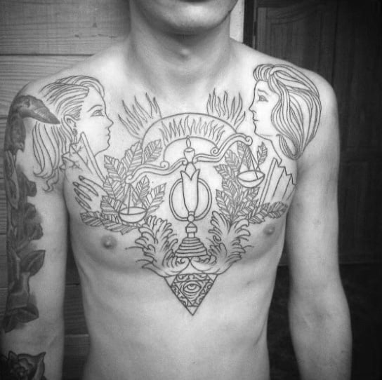 Cool Zodiac Libra Mens Chest Tattoos With Black Ink Outline Design