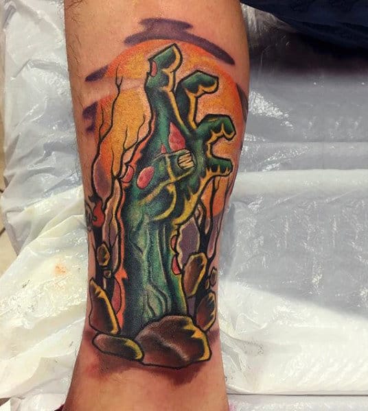 Cool Zombie Hand Poking Out From Ground Mens Leg Calf Tattoo