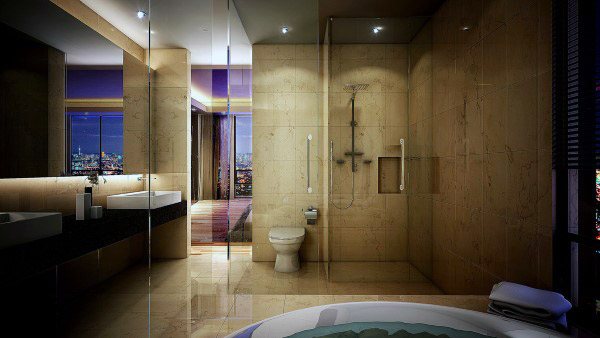 Luxurious bathroom with a glass shower, round tub, dual sinks, and city view through the large windows