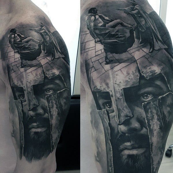Realistic Spartan warrior tattoo featuring a dramatic helmeted face and the iconic 'This is Sparta' kick scene above, symbolizing defiance and power.