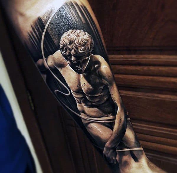 Hyper-realistic tattoo of a classical male statue in motion with a rope, blending fine art and strength in a dynamic design.