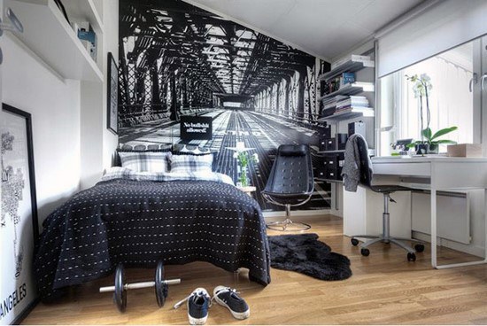 Modern bedroom with a black and white bridge mural, bed, desk, chair, and sneakers on wooden floor