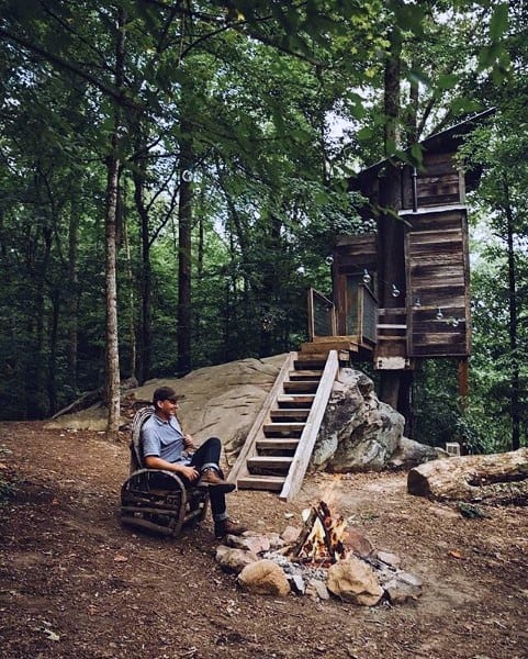 Person sitting in a chair by a campfire, facing a treehouse in a forest setting
