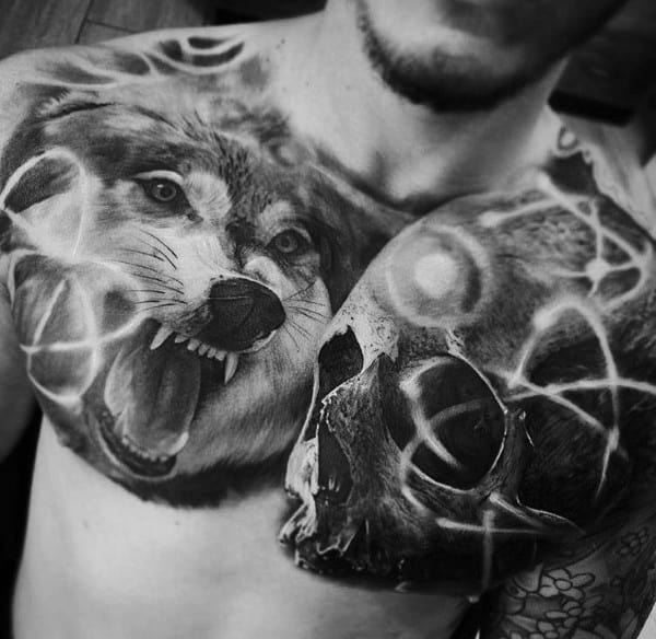 Realistic chest tattoo of a snarling wolf and a cracked skull, symbolizing primal instinct, life, death, and the balance between the two.