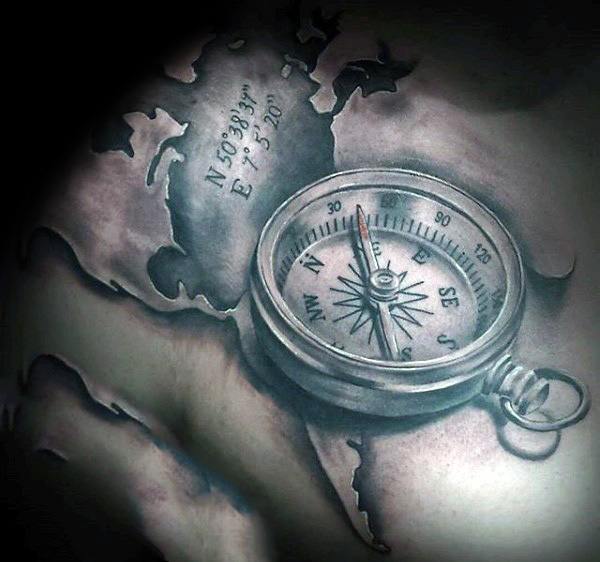 Realistic compass coordinate tattoo on the chest with a detailed map background, symbolizing navigation, adventure, and a meaningful location.