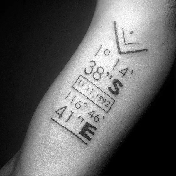 Geometric coordinate tattoo on the forearm with bold lines, numbers, and a date box, symbolizing a meaningful location and moment in time.