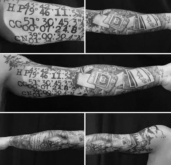 Intricate full-sleeve coordinate tattoo with bold numbers, detailed stamps, and travel-themed elements, symbolizing meaningful journeys and locations.