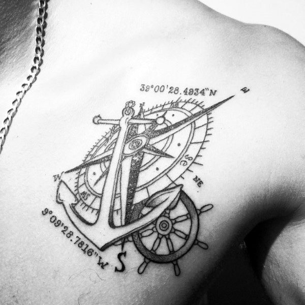 Nautical-themed coordinate tattoo on the chest featuring an anchor, compass, and ship wheel, symbolizing stability, direction, and adventure.