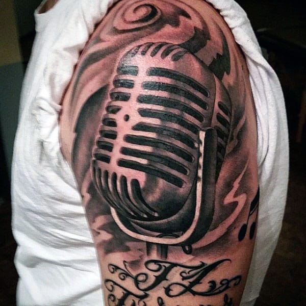 Coppery Metallic Microphone Tattoo Mens Upper Arms
