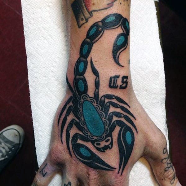 Coral Blue Scorpion Tattoo On Hands For Males