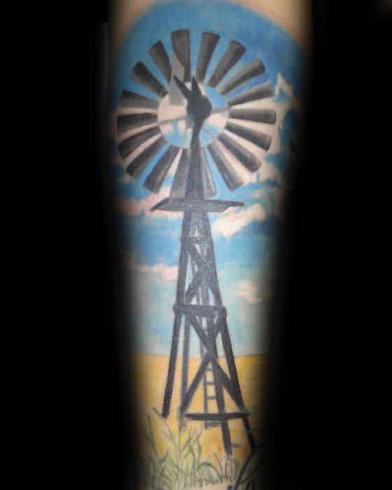 Corn Field With Windmill And Blue Sky Mens Forearm Sleeve Tattoo