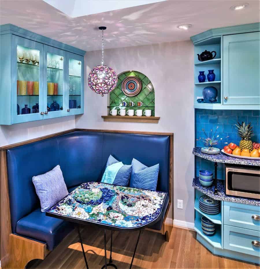 blue themed kitchen alcove