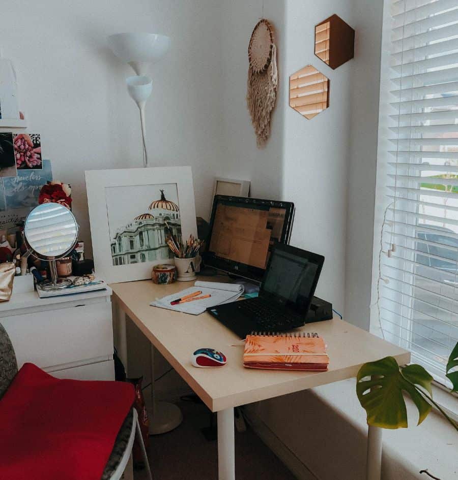 corner home office small desk artwork two screens 