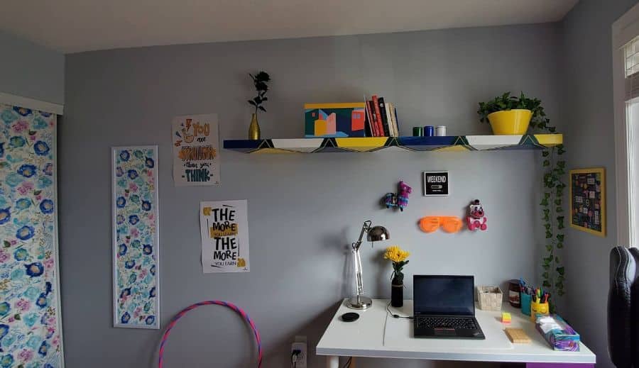 colorful home office wall shelf art work yellow pot plant 