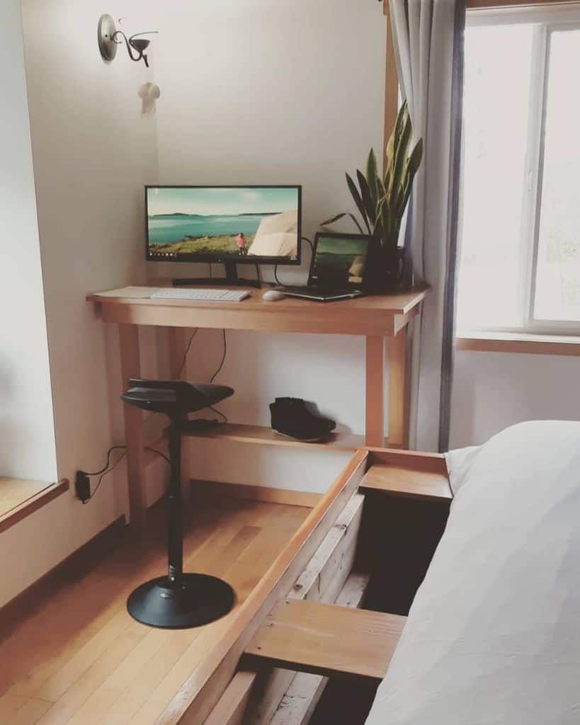 stylish wood corner desk bedroom setup