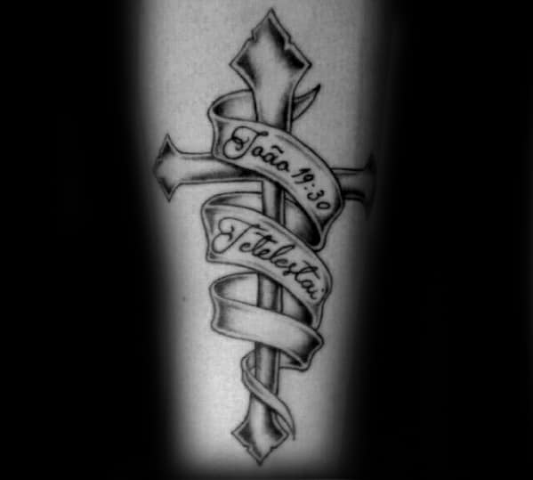 Corss With Baner And Bible Verse Mens Tetelestai Leg Tattoo