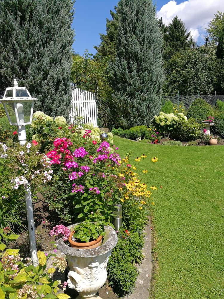 cottage garden colorful flowers white gate
