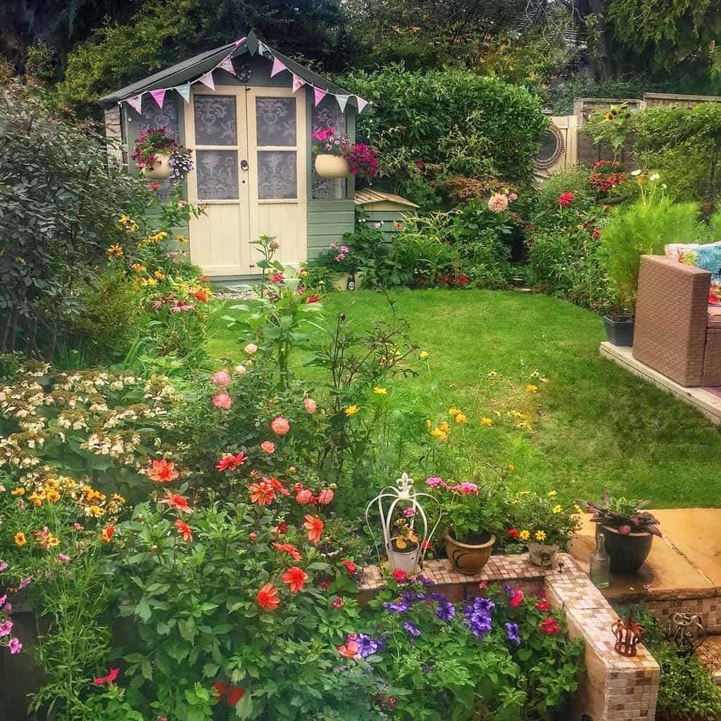 small garden shed backyard cottage garden wicker furniture