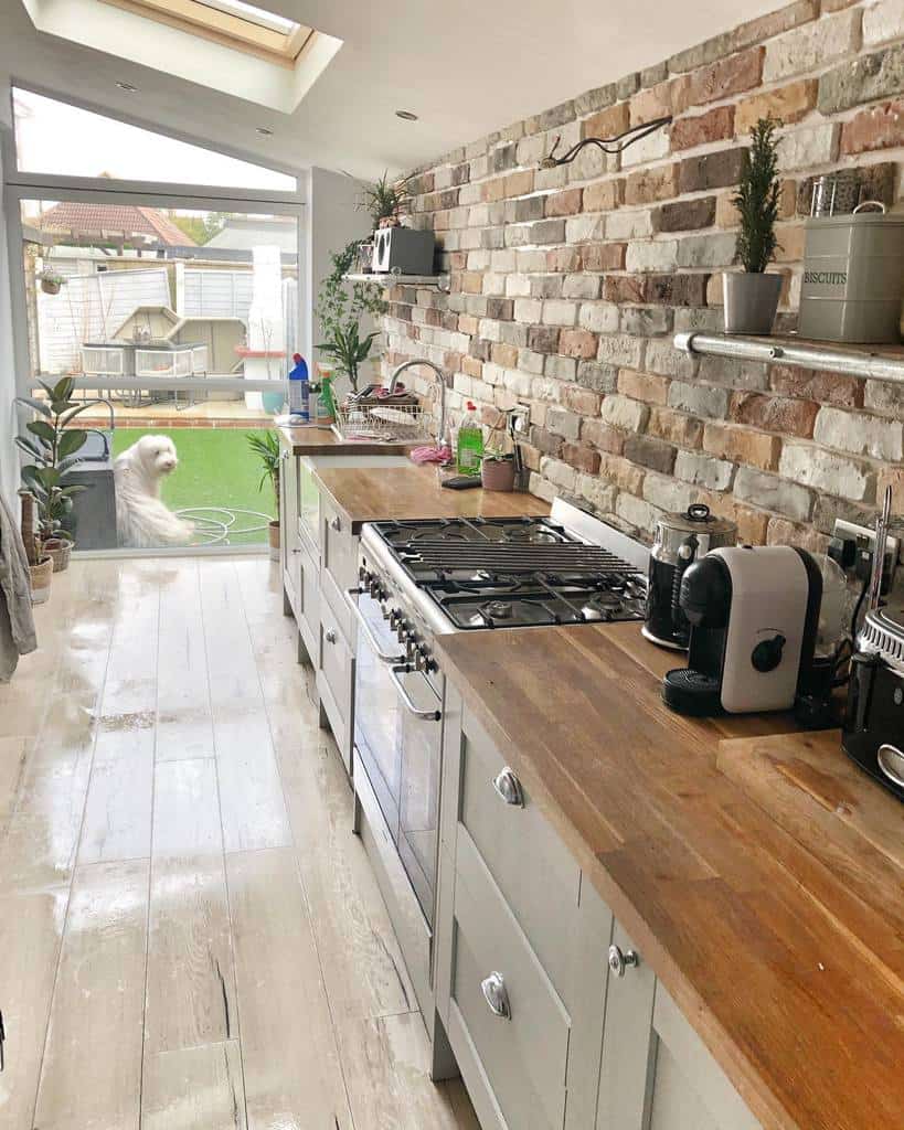 small cottage kitchen brick wall skylight