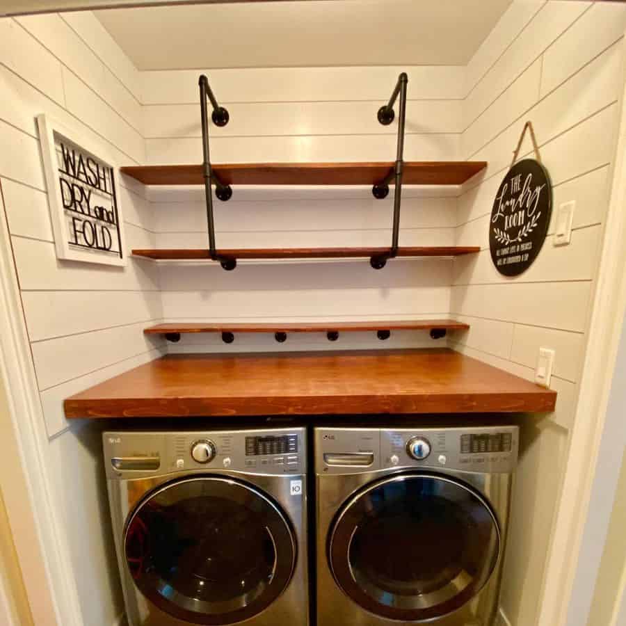 white shiplap laundry wood shelving 