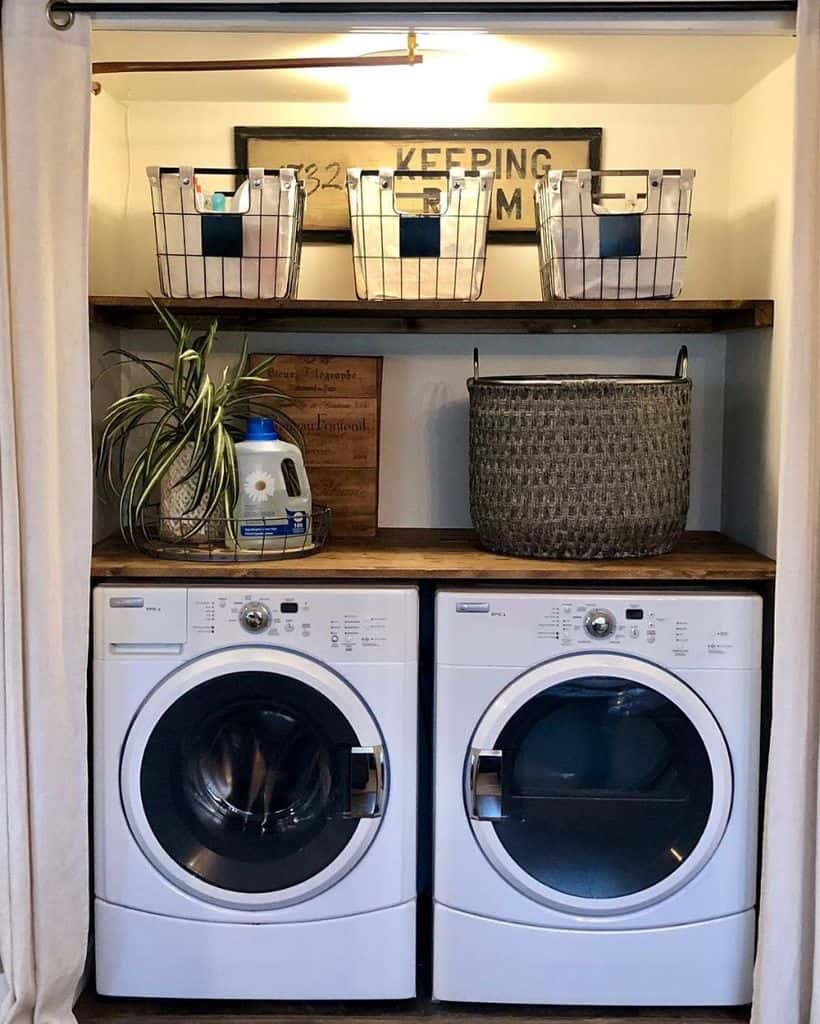 side by side washer dryer wood shelf laundry 
