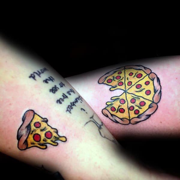 Fun matching tattoos of a whole pizza and a single slice, symbolizing that one completes the other in a playful, cheesy way.