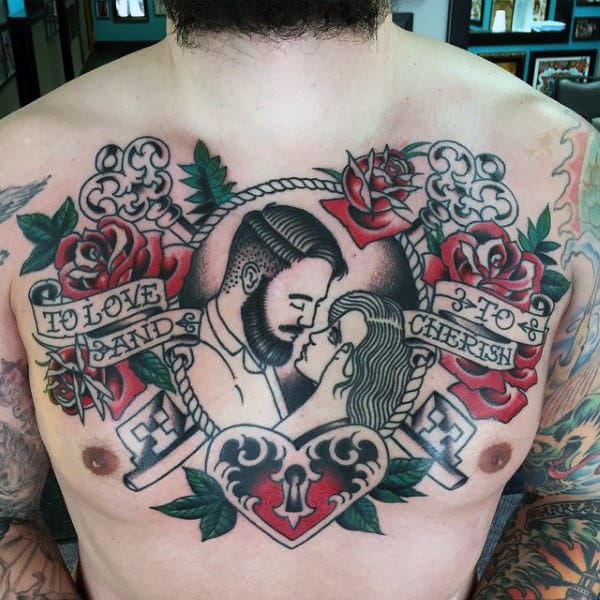 Couple Traditional Old School Guys Chest Tattoo