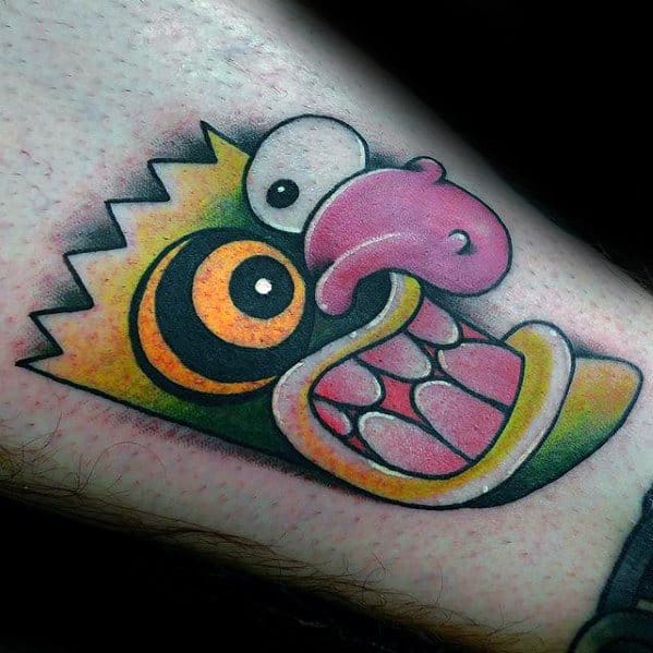 Colorful tattoo mashup of Bart Simpson and Courage the Cowardly Dog with exaggerated eyes, tongue out, and a wild, cartoonish grin.