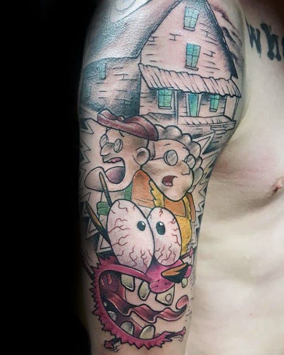 Detailed Courage the Cowardly Dog tattoo with Courage screaming, Muriel and Eustace behind him, and their iconic farmhouse in the background.