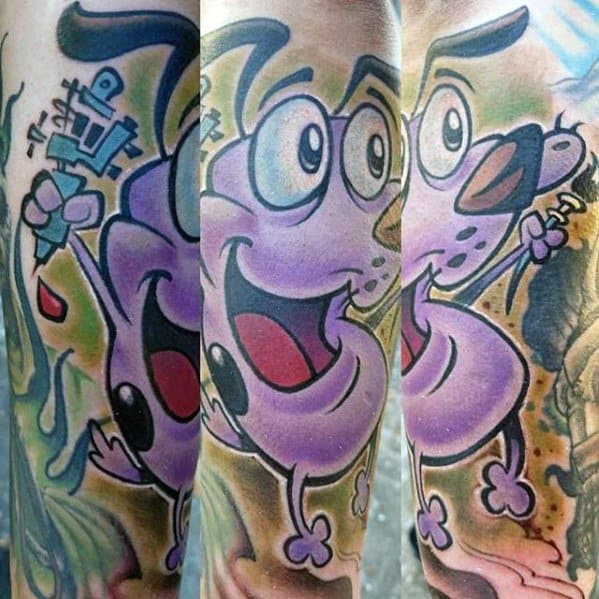 Vibrant full-color tattoo of Courage the Cowardly Dog in three angles, showing him happily holding a blue robot against a colorful background.
