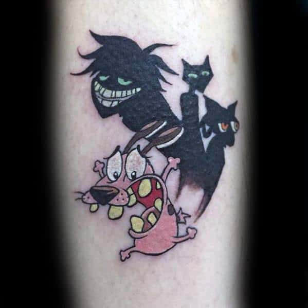 Tattoo of Courage the Cowardly Dog screaming in fear, surrounded by creepy characters including Katz, Freaky Fred, and two shadowy cats.