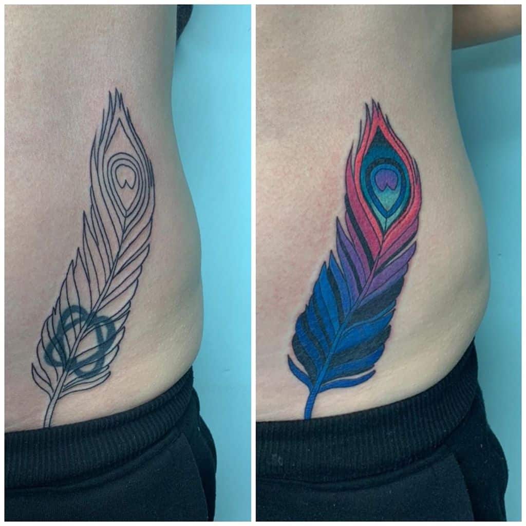 Side-by-side comparison of a peacock feather tattoo before and after coloring, featuring vibrant blue, purple, and red hues on the ribcage.