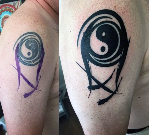 Cover Up Guys Tattoos Of Yin And Yang Symbol On Upper Arm