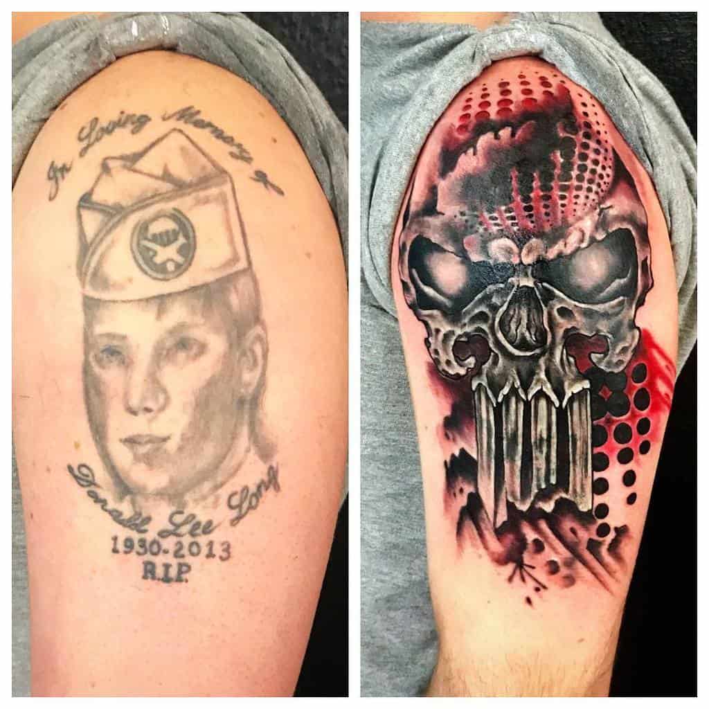 Cover-up tattoo transforming a memorial portrait into a dark and detailed Punisher Skull design with red and black shading for a bold, striking effect