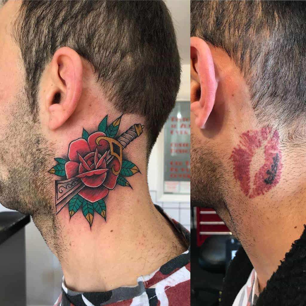 Rose and dagger tattoo on a neck