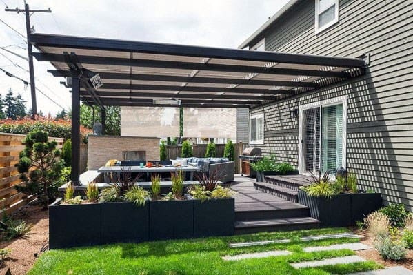 modern deck with built-in plant boxes